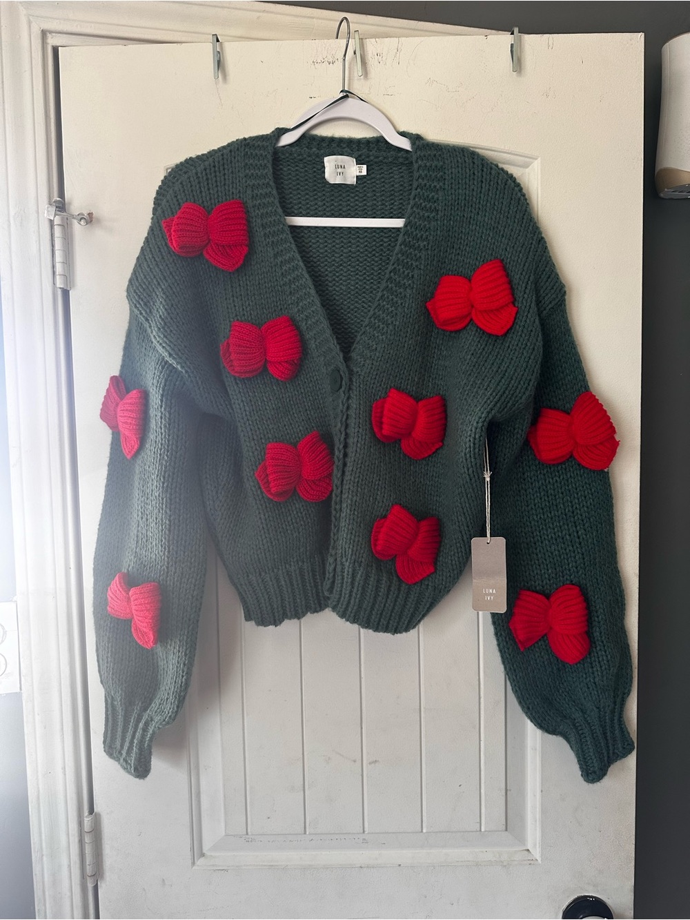 NWT Luna Ivy Bow Knit Chunky Cardigan Sweater Forest Green Red XS